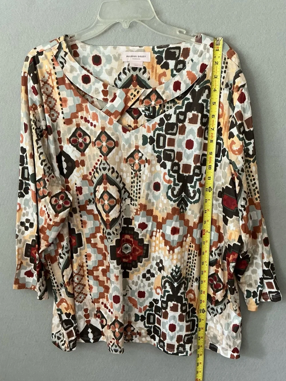 Allison Daley Women 2X Blouse Geometric Southwestern Boho Cutout Collar 3/4 Slv